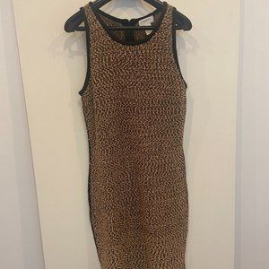 Carmen Marc Valvo Sweater Dress . black and gold metallic sparkle knit dress .